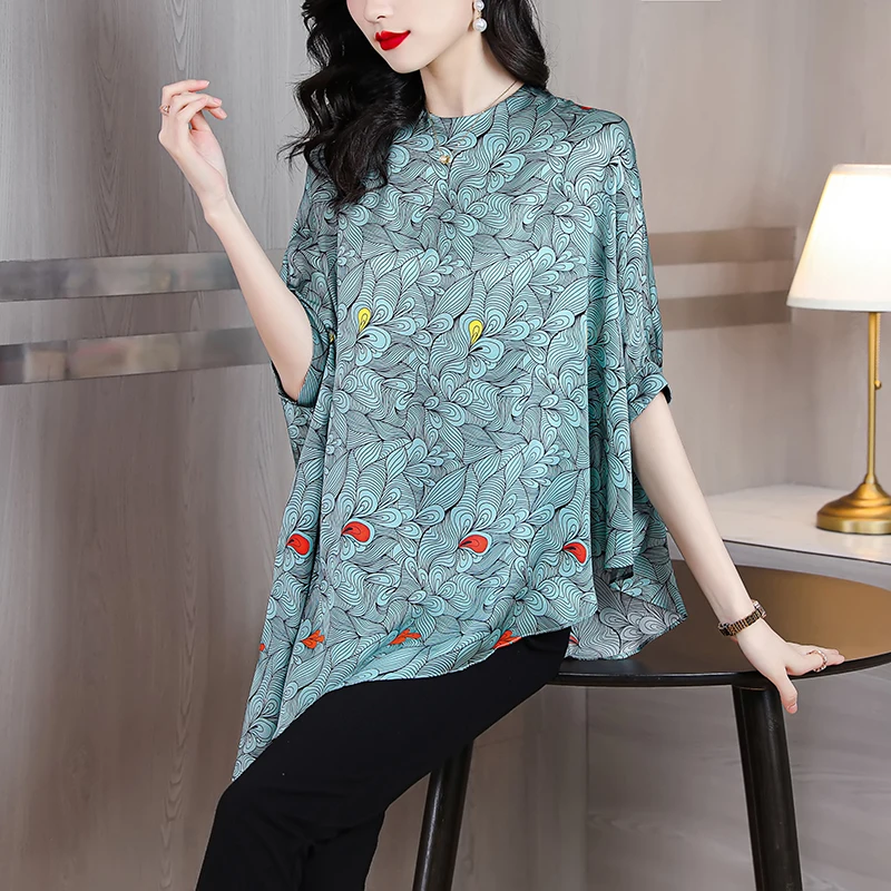 

2023 New Print Silk Chic Batwing Sleeve Top Shirts Women Elegant Casual Loose Blouses Spring Summer Korean Luxury Chic Top Coats