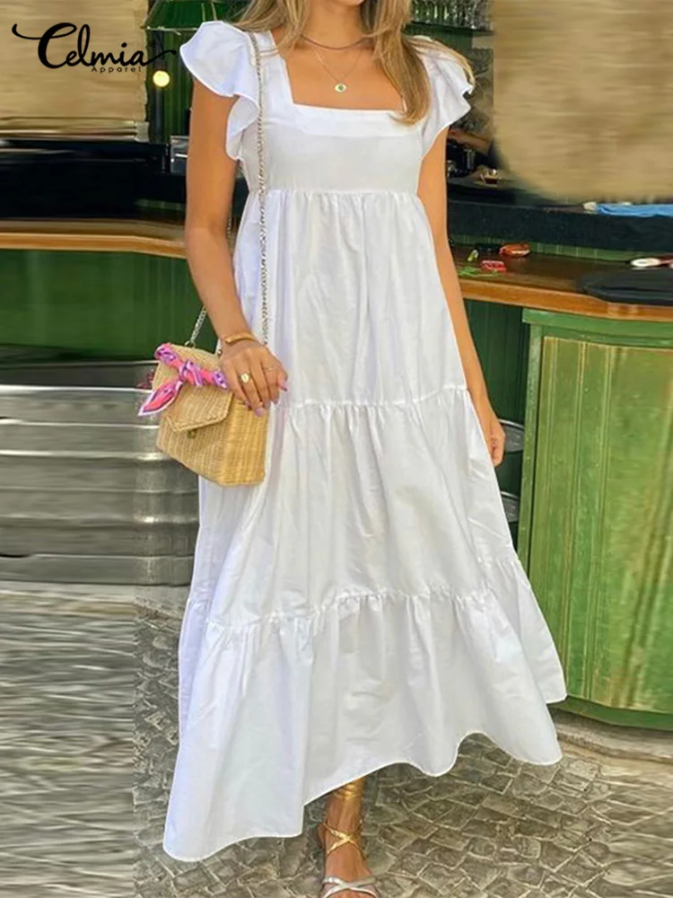 

Celmia 2022 Summer Holiday Maxi Dress Stitching Pleats A-Line Sleeveless Casual Vestidos Women Ruffled Square Collar Long Dress