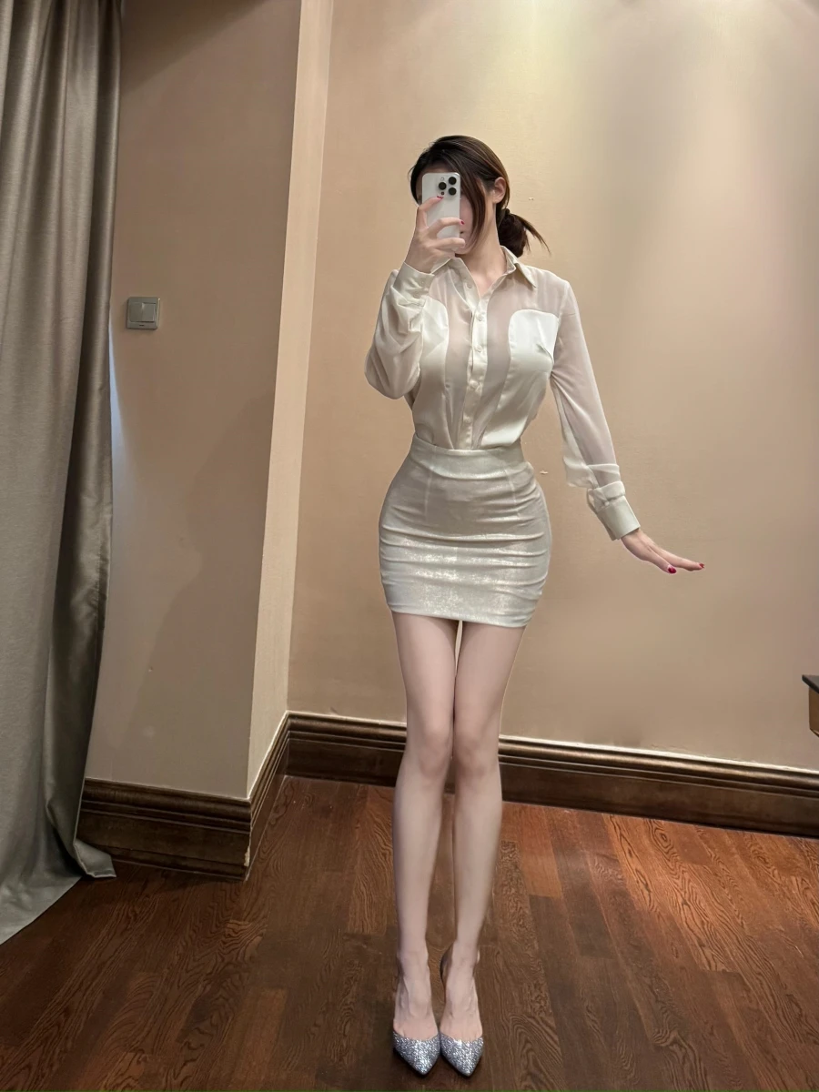 Sirui Young Sister Slightly Transparent Shirts Fashion Temperament Female Royal Ol Long sleeve Matte White Shirt