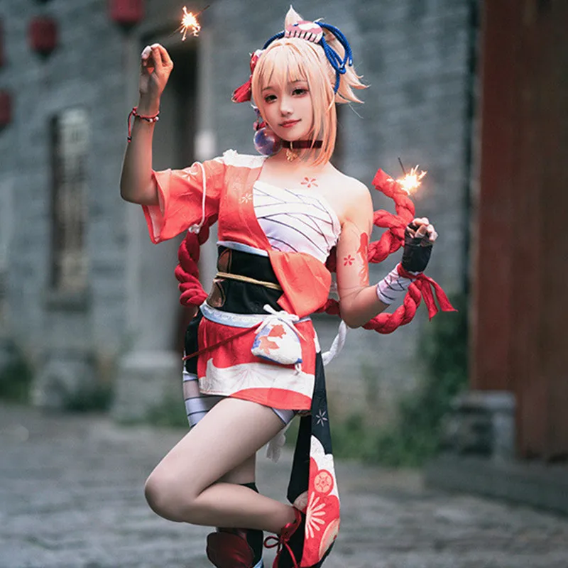 

Genshin Impact New Character Yoimiya Cosplay Costume Full Set Anime Role Playing Suit Restore the Role Xiaogong Cosplay Cos