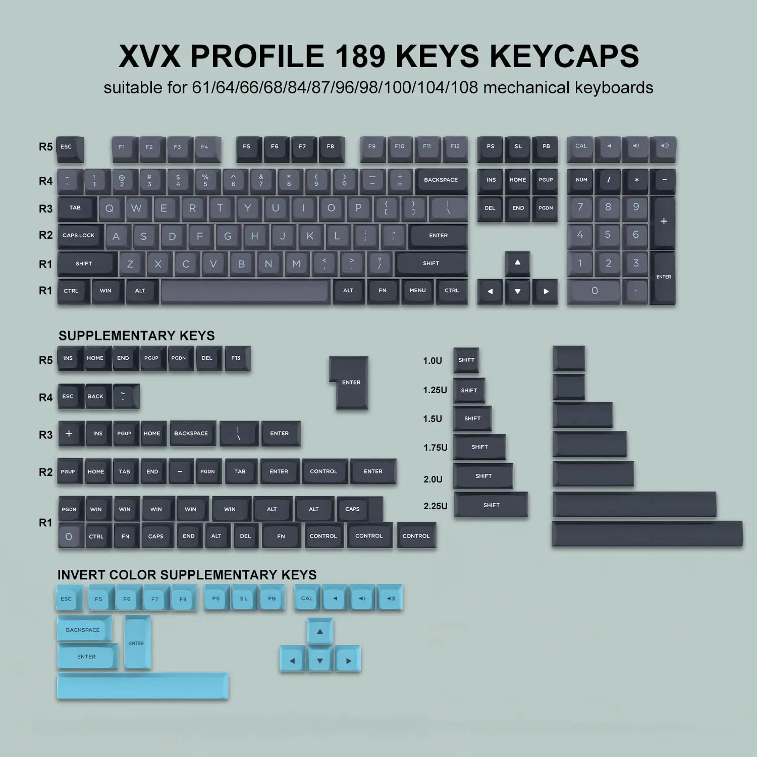 189 Key PBT Double-shot Black Grey XVX Profile Keycaps Kit Backlit Key Cap for Womier GK61 Anne Pro 2 Mechanical Gaming Keyboard