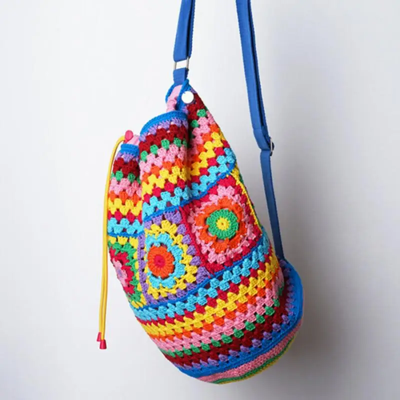 

Tas Bahu Wanita Berbentuk Barel Crochet Bohemian Ransel Persegi Nenek Rajutan Tas Tangan Tenun Buatan Tangan Tas Travel Kasual