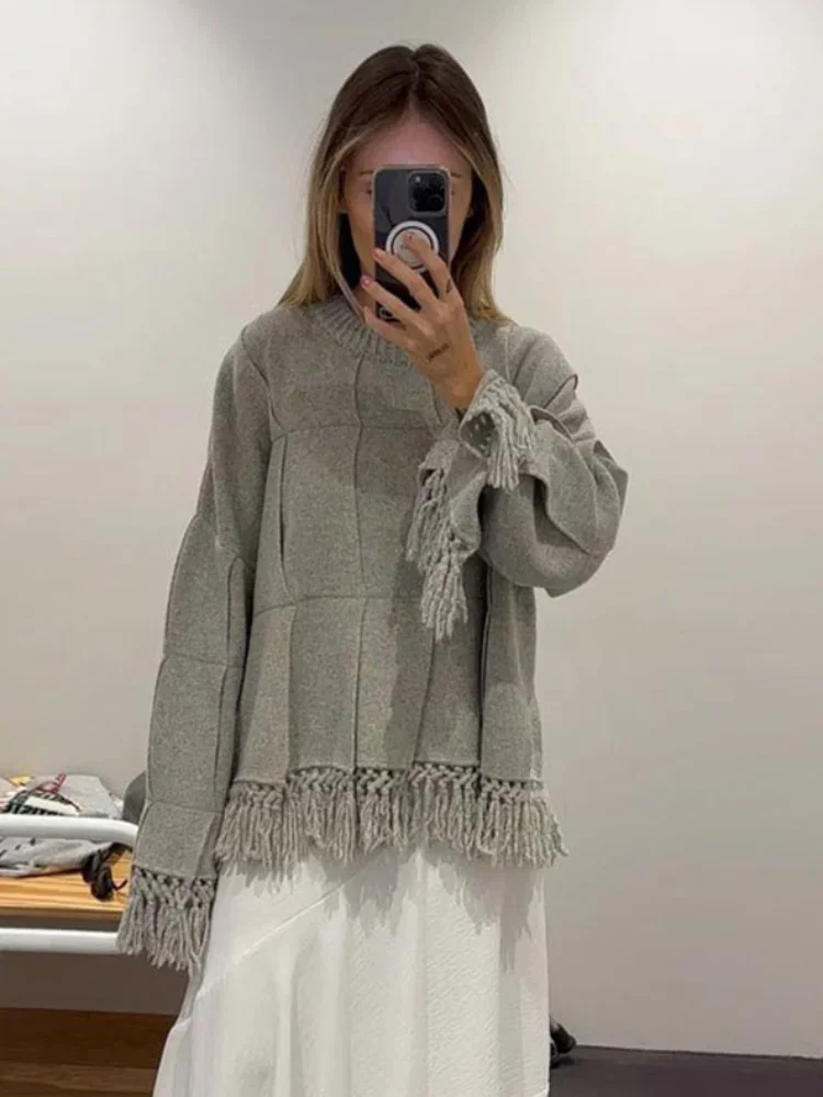 Новинка осени 2024 шикарный женский модный однотонный свитер с бахромой круглым
