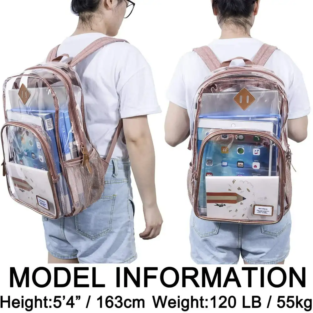 Clear Bookbag Large See Through Backpack for Women and Men Stadium Approved Transparent Bag for College Work Travel,Rose Gold