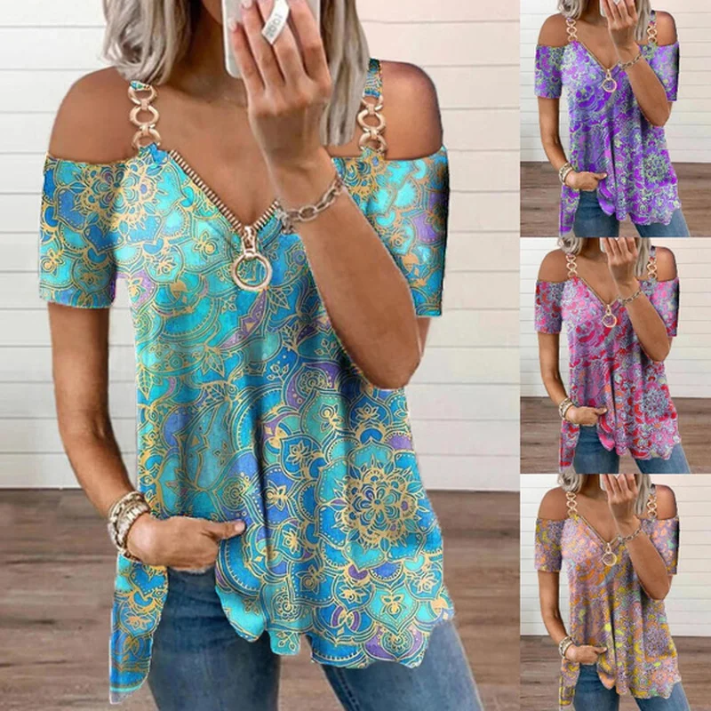 

One Shoulder Top for Women Shirts Blouses Short Sleeve V Neck Shirt Summer Ladies Fashion Bohomain Print Zipper Sexy Tops Blouse