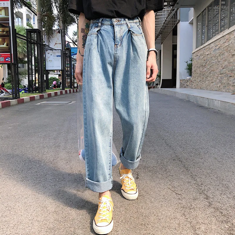 

Hong Kong Style 2022 Denim Trousers Neutral Japanese Original Wide Pants Straight Through Loose Men's Teenagers Jeans