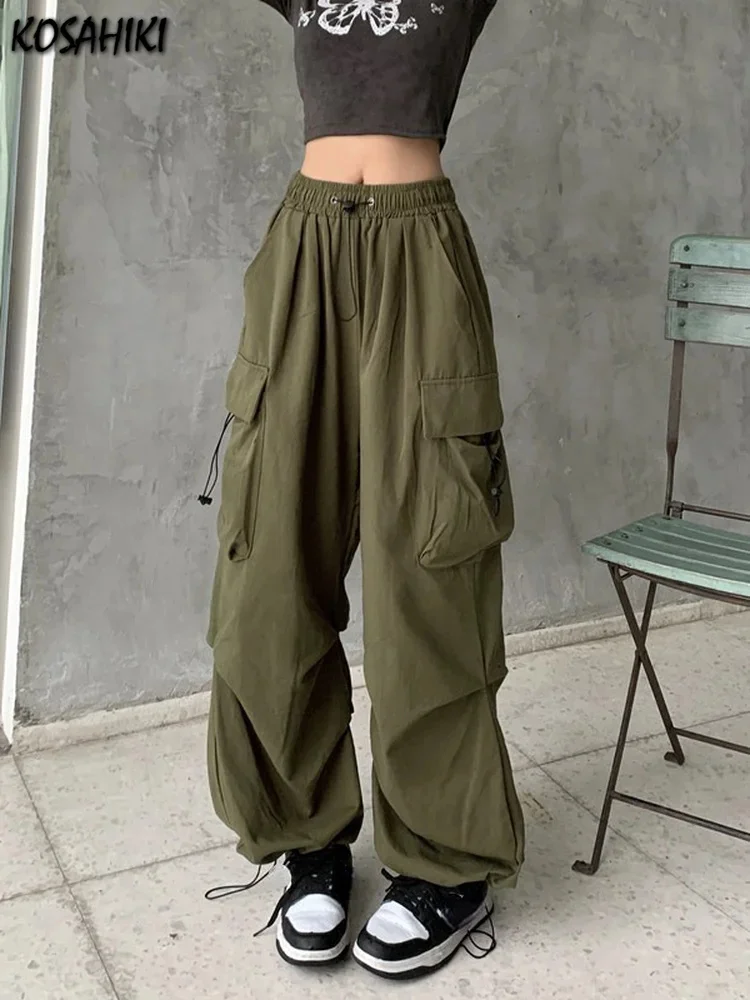 

Брюки-карго женские с завышенной талией, винтажные мешковатые Широкие штаны с карманами, на завязках, уличная одежда в Корейском стиле, 90-х