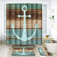 4pcs nautical anchor shower curtain set vintage wooden board bath curtain blue watercolor deck bathroom rug mat toilet lid cover