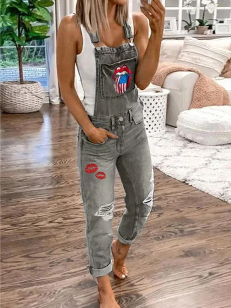 Women Creative Print Denim Overalls Jumpsuit Spring Summer New Independence Day Flag Print Straps Ripped Denim Jumpsuit Overalls