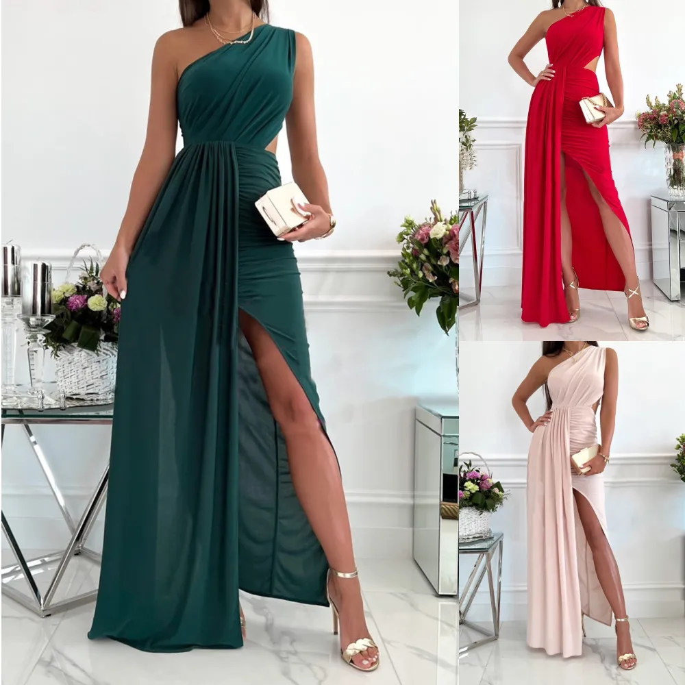 

2022 summer sleeveless slanted shoulder hollow air quality slit dress women