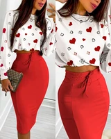autumn two piece set women fashion printing long sleeve tshirt skirt suit ladies casual two piece suit