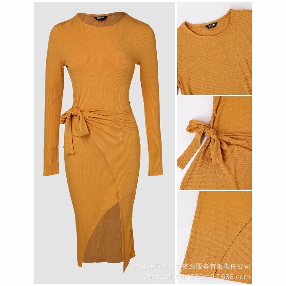 Женское однотонное тонкое облегающее платье с круглым вырезом и завязками