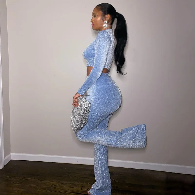 Bling Glitter Women 2 Pieces Long Sleeve Crop Top High Waist Flare Pants Set Sexy Streetwear Party Club 2022 Summer