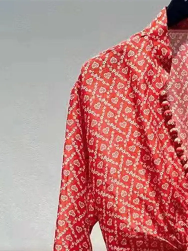 

Women Trim Buttons Heart-print Pleated Midi Dress V-Neck Long Sleeve Pleasted Waist Elegant Robes 2022 Spring Summer new