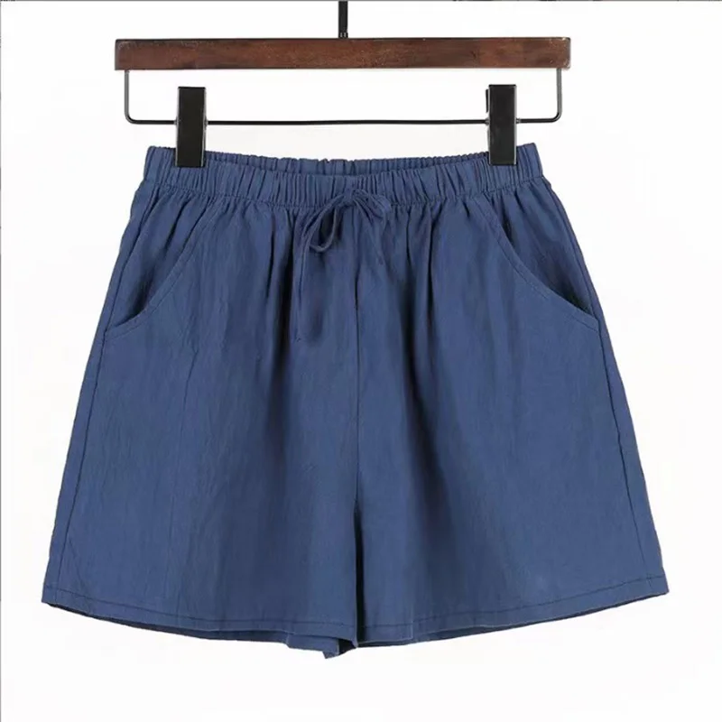 Girl's Summer Casual Hot Shorts Women Elastic Cotton Linen High Waist Breathable Solid Color Wide Leg Short Pants Leisure Bottom