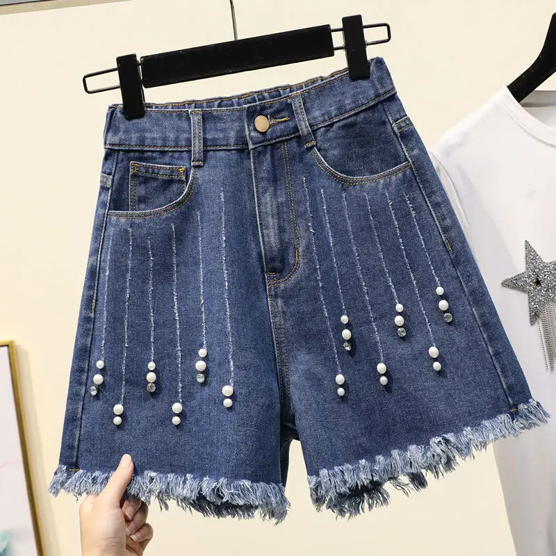 Summer new  beaded raw edge A-line wide-leg pants denim shorts elastic waist  hot pants female  Pockets  Shorts