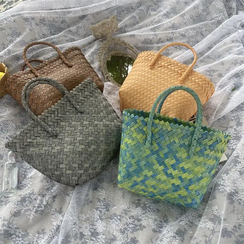 

New Fashion Ladies Woven Hand Bag Blue Portable Basket Bag Women's Cabbage Leisure Beach Retro Bags PVC Bucket Bag Hand Gift