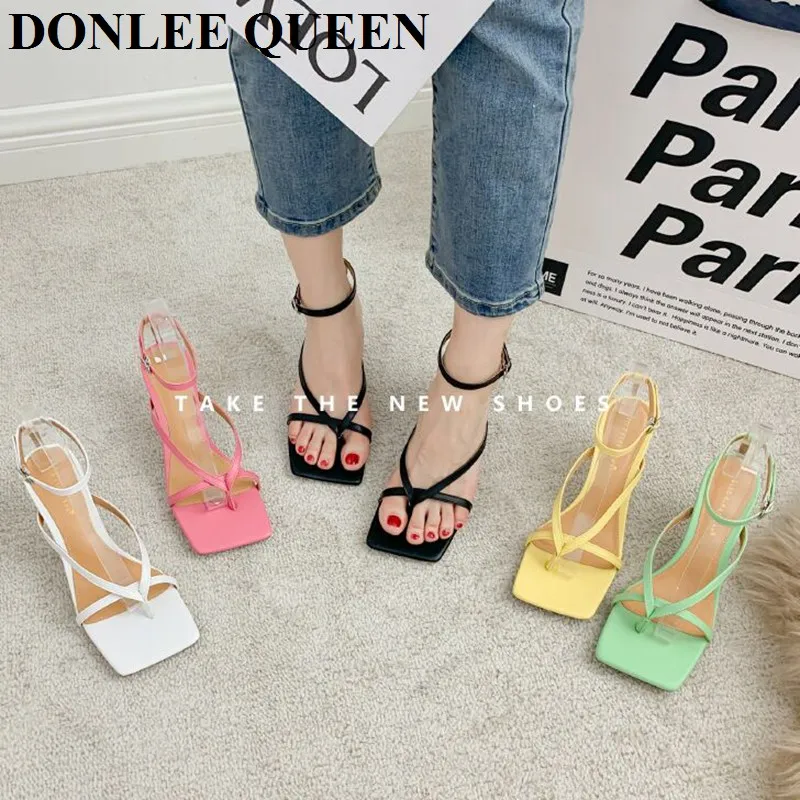 

New Fashion Square Toe Sandals Women High Heels 7cm Sexy Ladies Shoes Narrow Band Weave Gladiator Sandal Party Ankle Strap Shoes