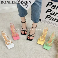 new fashion square toe sandals women high heels 7cm sexy ladies shoes narrow band weave gladiator sandal party ankle strap shoes