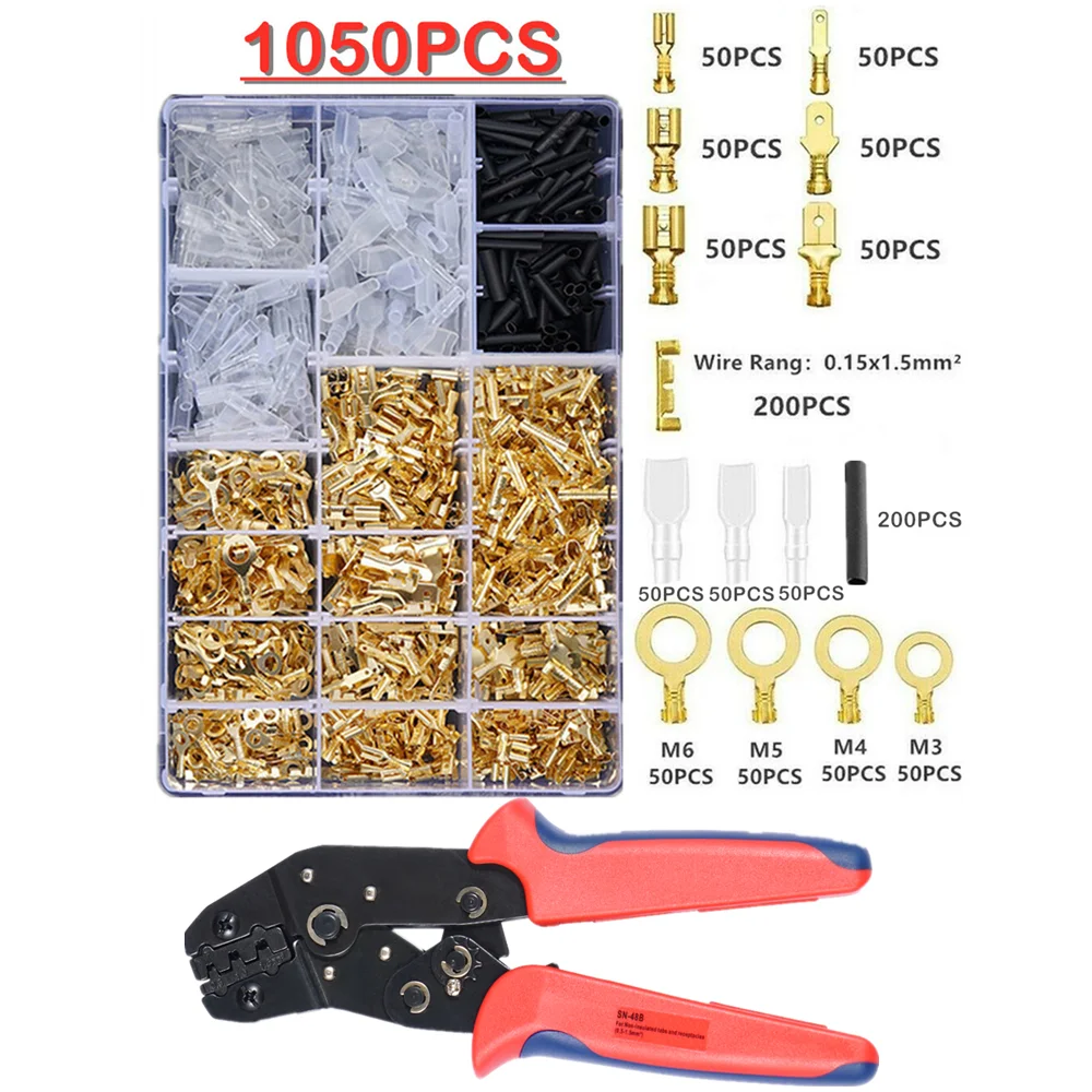 

1050/135pcs 2.8/4.8/6.3mm Crimp Tool Terminals Insulated Male and Female Wire Connector Electrical Spade Connectors Sleeves Kit