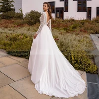 viktoria charming chiffon a line bridal dress 2022 sexy v neck applique lace long sleeve backless wedding gowns with sweep train