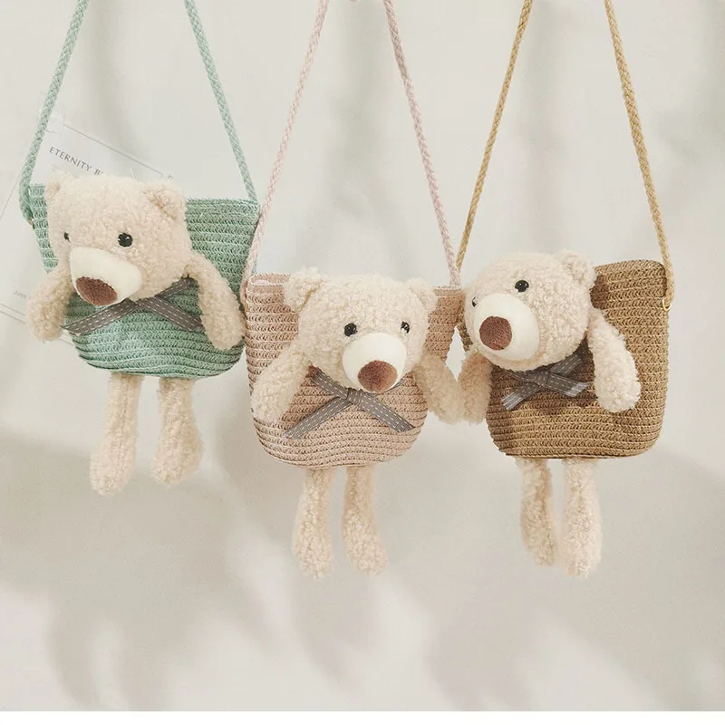

Cute Bear Girl Shoulder Bags Colorful Straw Children Messenger Bag Princess Mini Bow Handbag Crossbody Child Girl Coin Purse