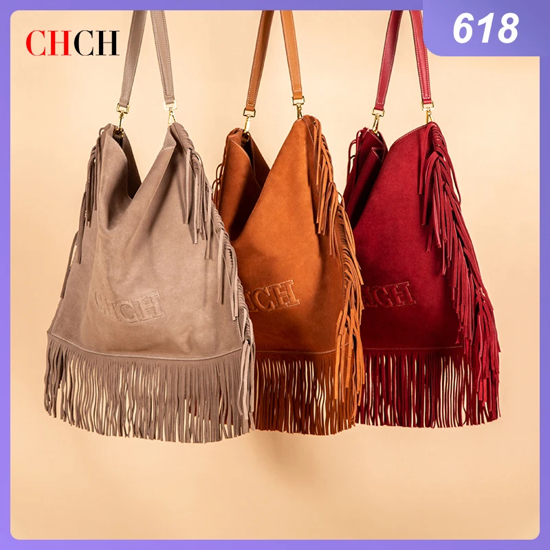

CHCH Fashion Women Shoulder Bag Two Piece SetSolid Tassels Trending Cross Body Bag Tassel Cow Leather Messenger Shoulder Handbag