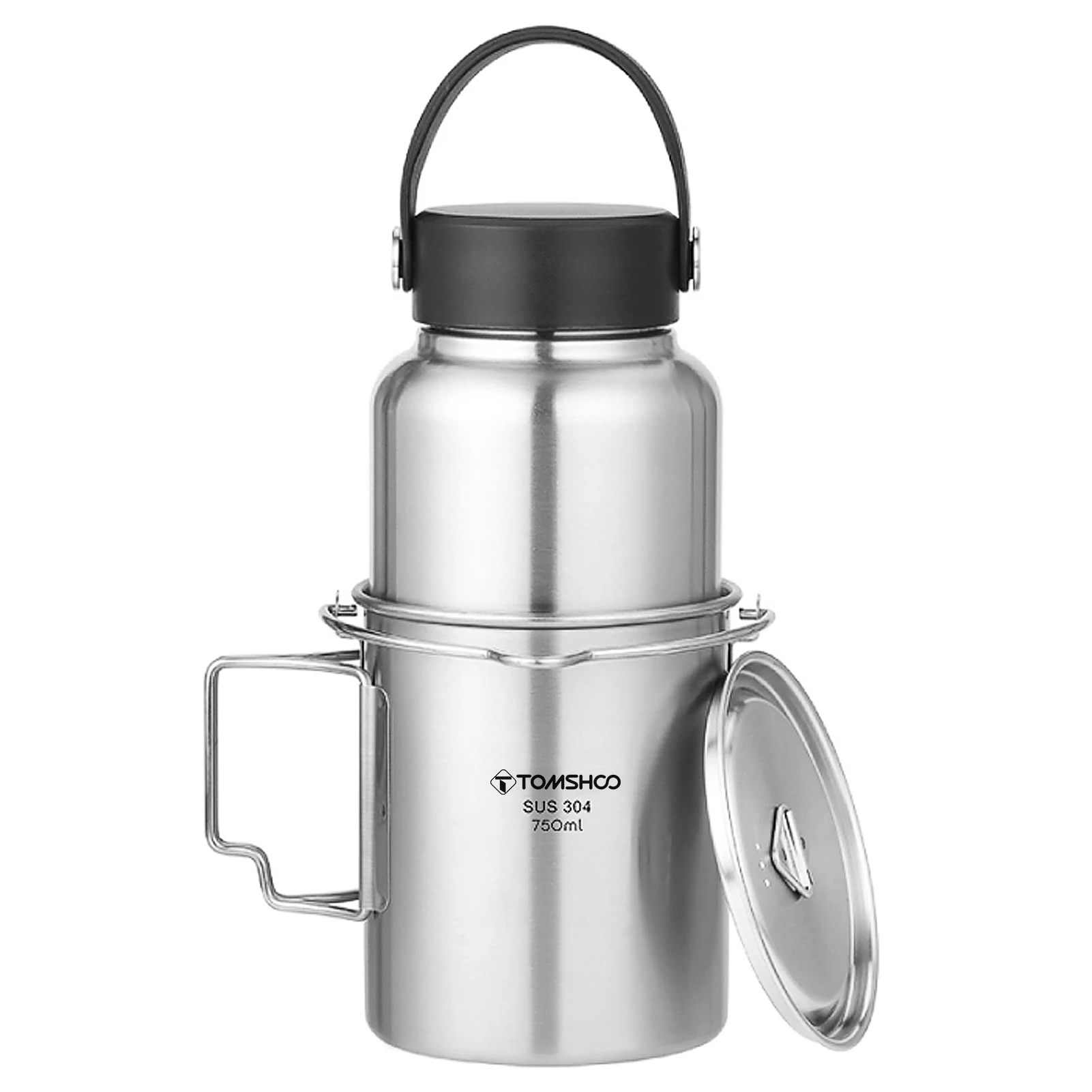 

TOMSHOO 1050ml Stainless Steel Water Bottle Leak Proof Sports Bottle with 750ml Water Cup Coffee Mug Hanging Pot Outdoor Camping