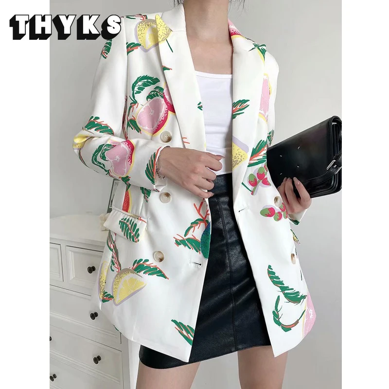 

Ladies Fashion Double Breasted Floral Fruit Blazer Retro Long Sleeve Pocket Women Jacket Chic Office Casual Top Blazer Femenino