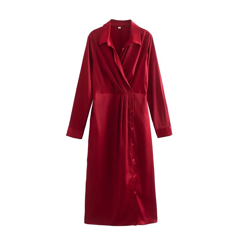 

Женское элегантное атласное платье, весеннее Плиссированное облегающее офисное платье-рубашка с длинным рукавом и отложным воротником для...