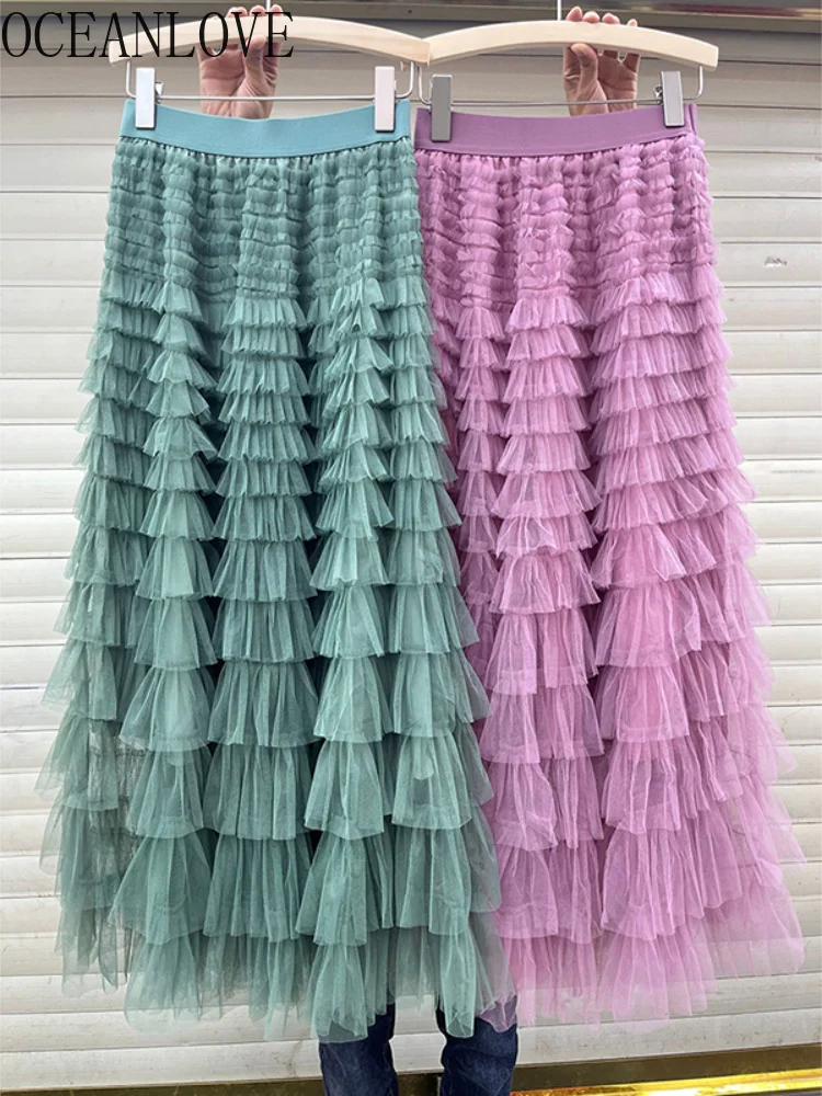 

OCEANLOVE Cascading Ruffles Skirts Women Solid A-line High Waist Sweet Spring Summer Faldas Korean Elegant Jupe Femme Mesh