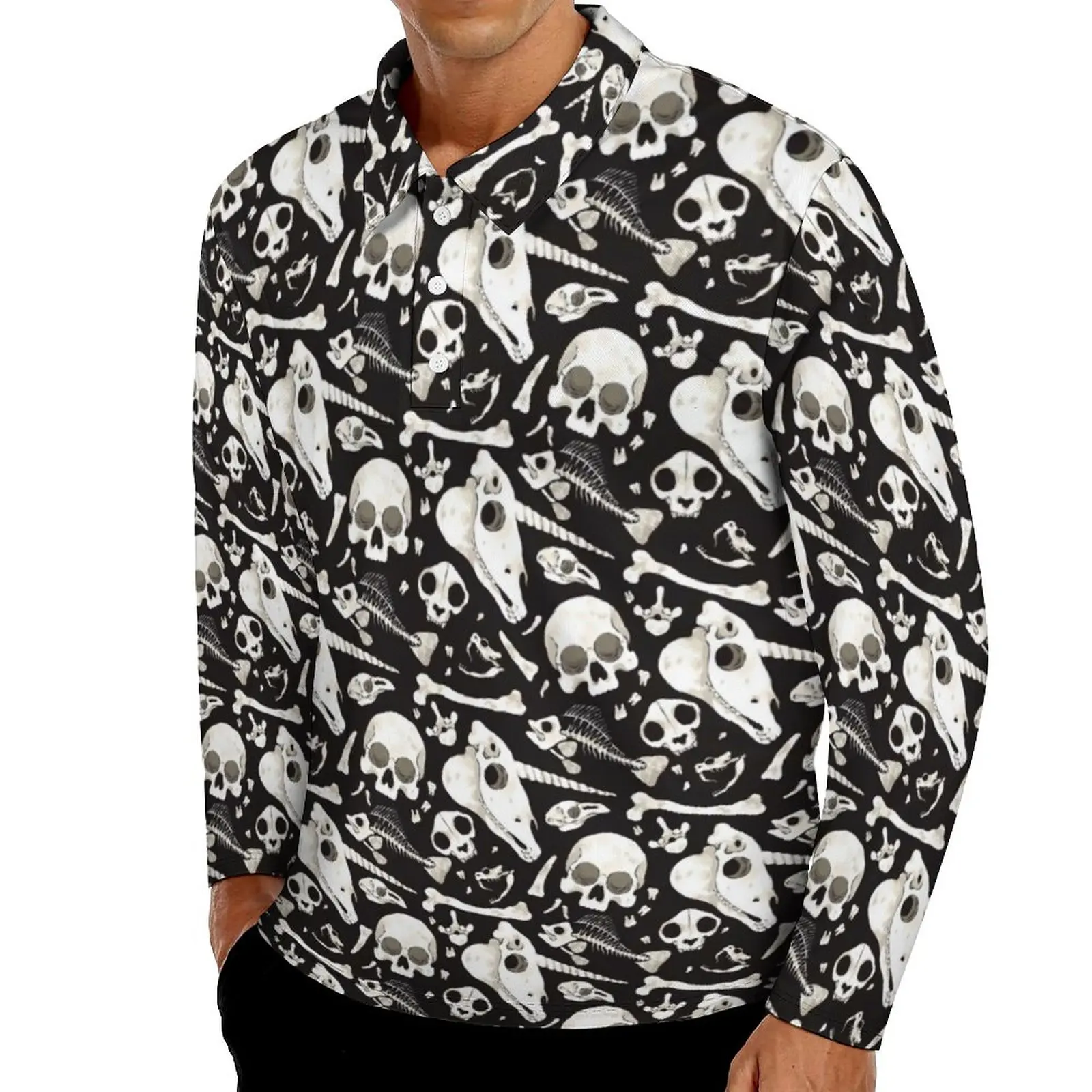 

Футболка-поло Wunderkammer мужская с длинным рукавом, Повседневная рубашка с рисунком черных черепов и костей, одежда с графическим принтом, на весну