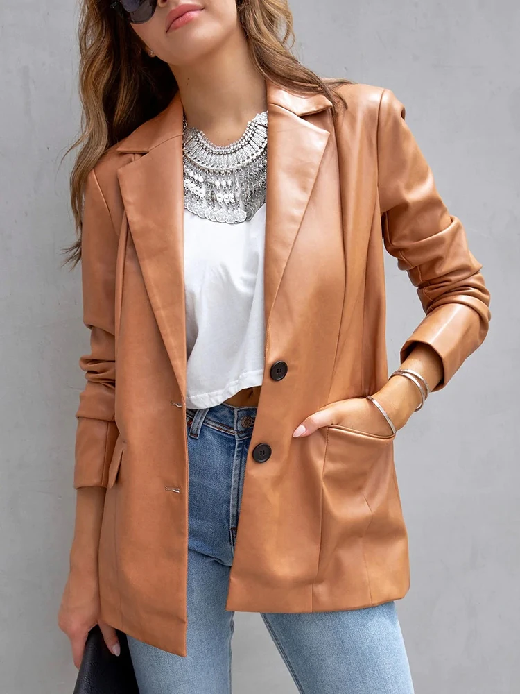 WYWMY Faux Leather Jacket Autumn Oversized Solid Color Blazer Jacket Women Long Sleeve Double Breasted Y2K Jacket Fashion Coat