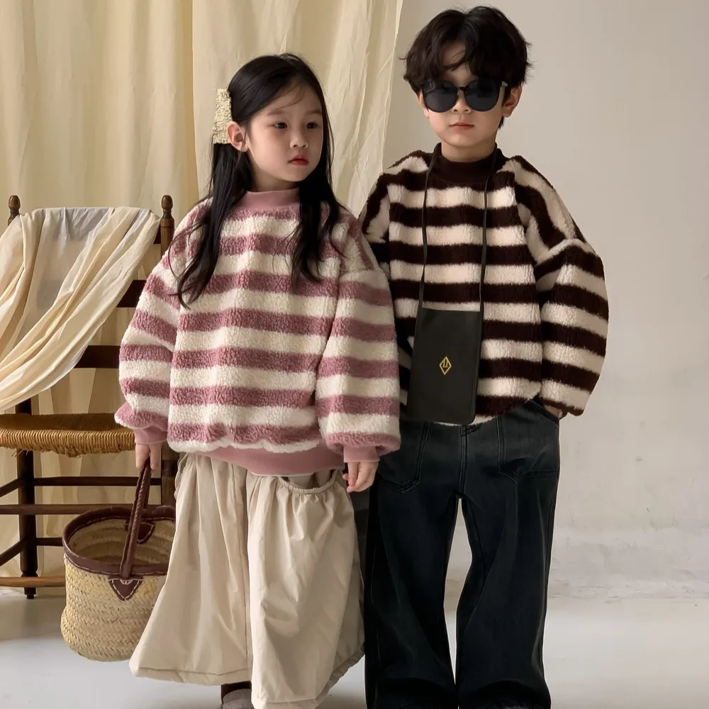 

Корейский зимний свитшот для маленьких девочек, хлопковый флисовый плотный полосатый топ для девочек, пуловеры для досуга с длинными рукавами для маленьких девочек