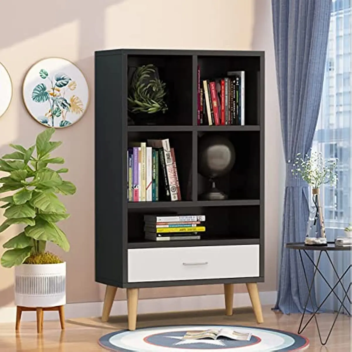 

4 Tier Wooden Open Bookshelves with Drawers & Legs,41" Tall Black Bookcase Bookshelf ,Freestanding Storage Shelving