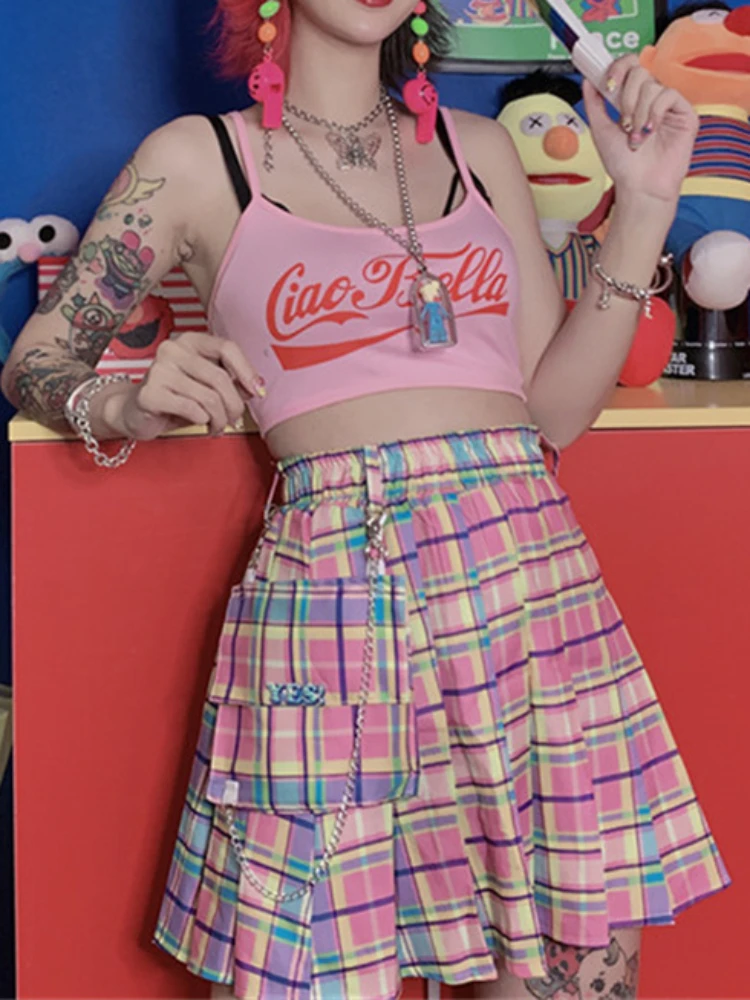 

Vintage Harajuku Colorful Plaid Pleated Skirts Female Vintage High Waist Sexy Skirts With Chain Streetwear Fashion Party Cosplay