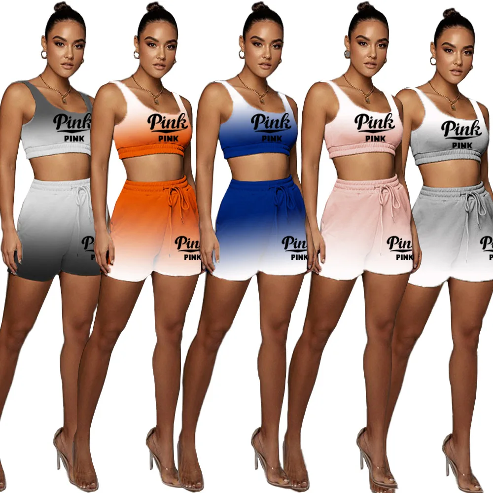 

European and American women's clothing streetwear gradient letter printing fitness yoga sports leisure two-piece set