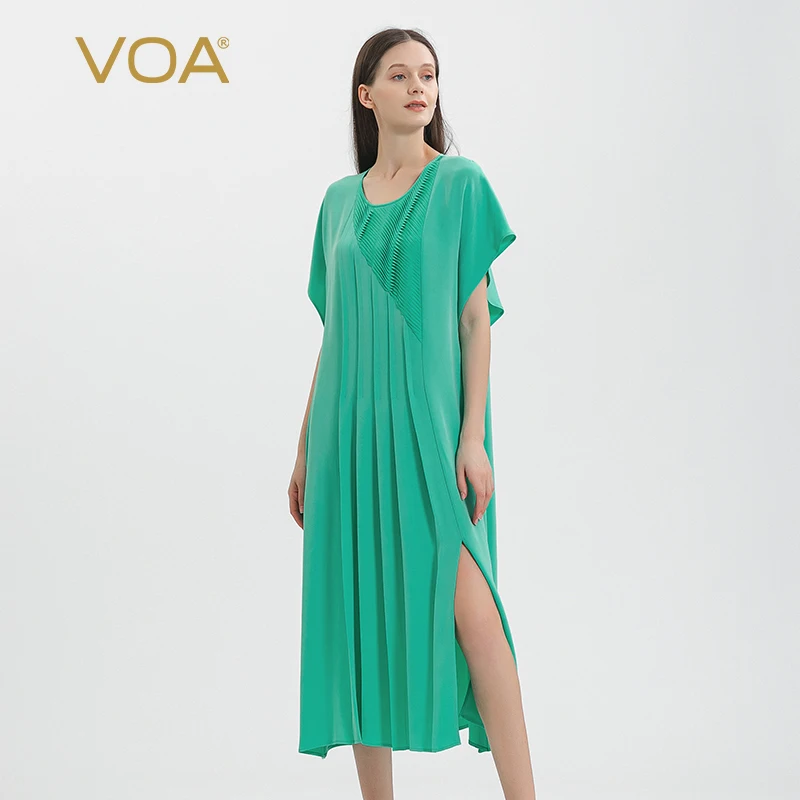 

VOA 30m/m Heavyweight Silk Green O-neck Short Sleeve Asymmetric Three-dimensional Decorative High Quality Pleated Dress AE1520