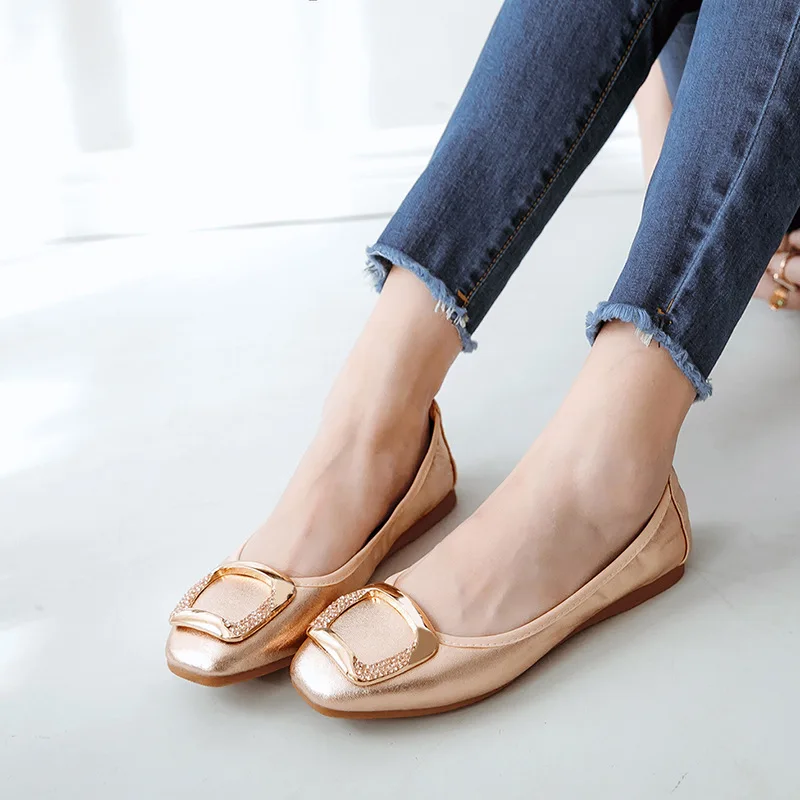 

Bling Bling Buckle Ballet Flats Women Soft Bottom Moccasins Slip on Loafers Women Square Toe Mules Boldable Ballerina Shoes