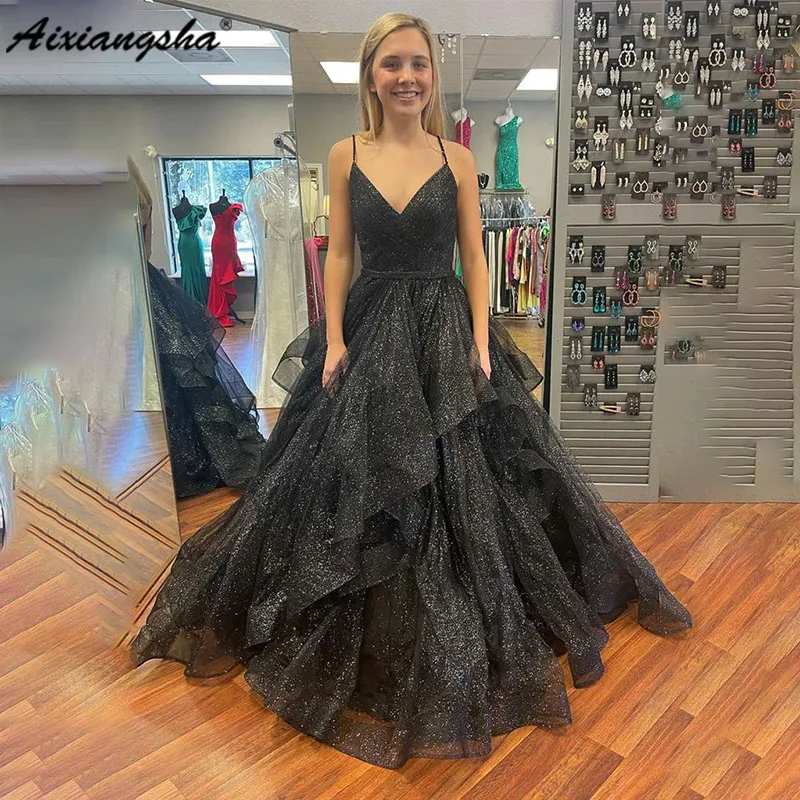 

Aixiangsha Shiny V Neck Layered Black Tulle Long Prom Dress Black Formal Evening Dress Ball Gown For Elegant Women Custom Made