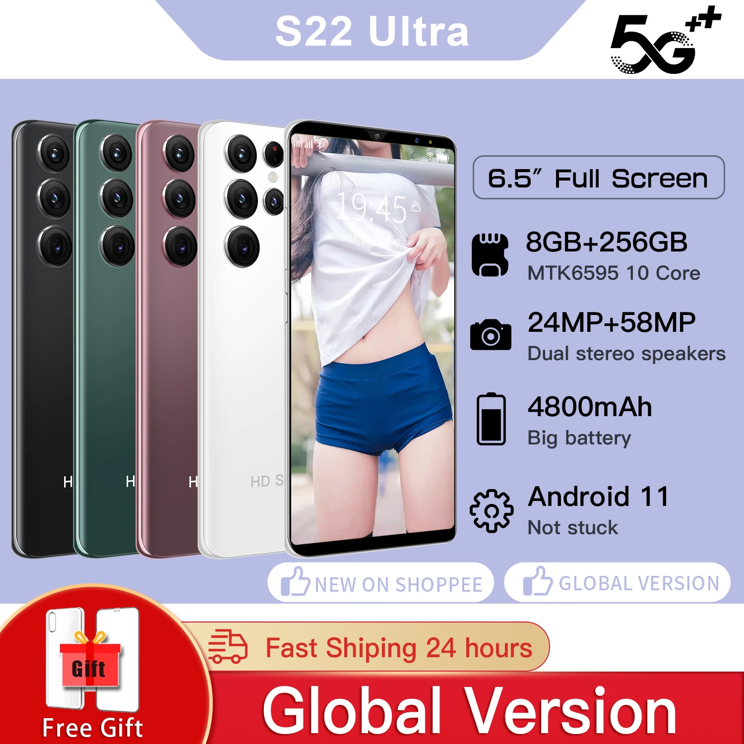 

Смартфон S22 Ultra, 6,5 дюйма, две SIM-карты, 4800 мАч, 8 Гб ОЗУ, 256 Гб ПЗУ, MTK6595, 24 Мп + 58 МП, сотовый телефон с разблокировкой
