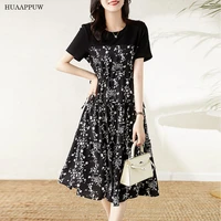fresh and sweet style printed round neck dresses womens 2022 casual waist slim temperament mid length a line dress fashion