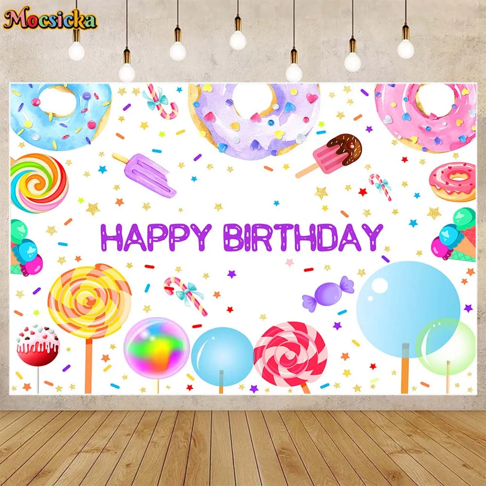 

Candy Theme Happy Birthday Backdrop Lollipop Donuts Ice Cream Baby Kids Birthday Party Photo Background Decor Photo Studio Props