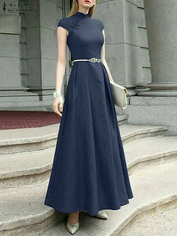 

Винтажное платье-Ципао макси, женское платье с коротким рукавом, а-силуэт, элегантный вечерний сарафан ZANZEA, платье большого размера на пуговицах