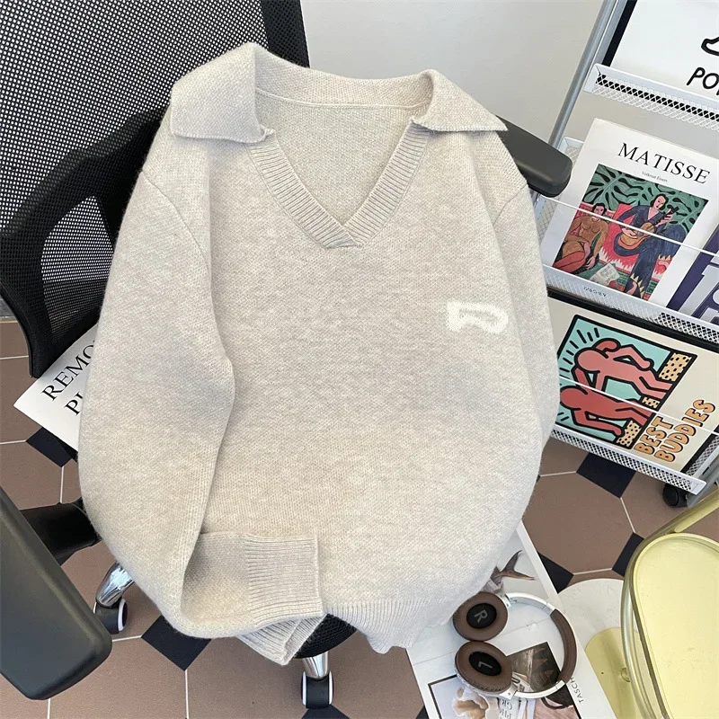 Вязаный пуловер с v-образным вырезом в американском стиле повседневный