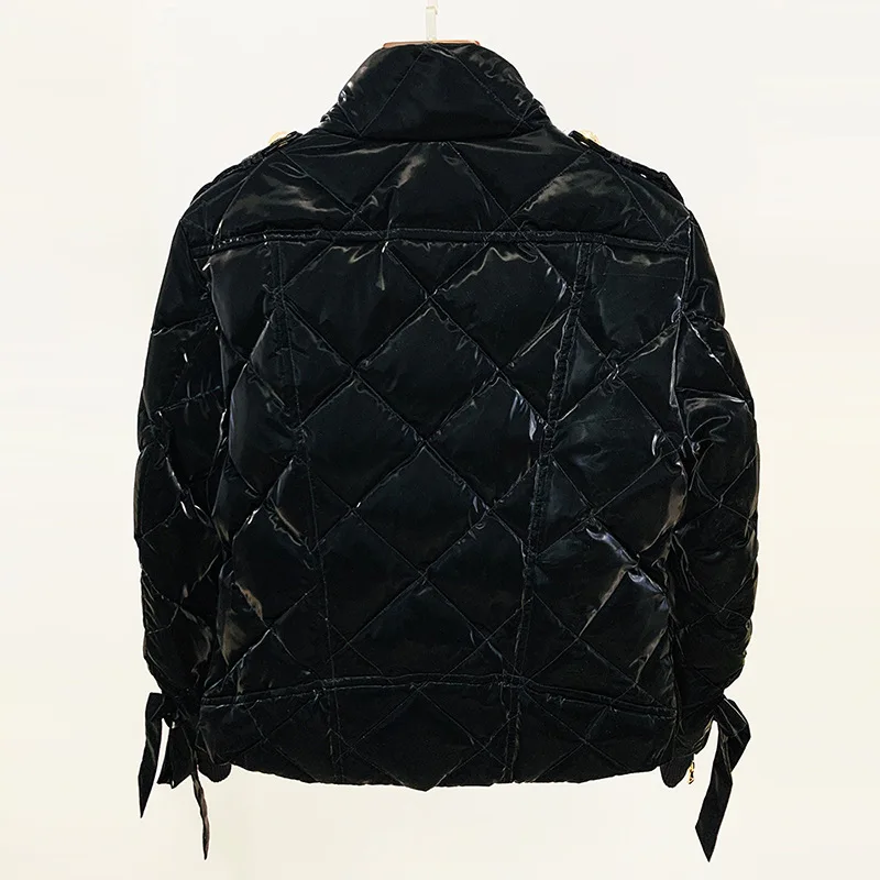 Fashion design winter woman white duck down puffer jacket stand collar glossy black coats gold lion buttons warm Japanese Korean
