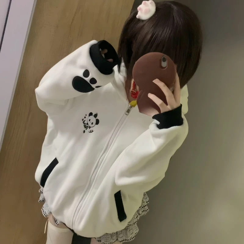 Y2k флисовые куртки с вышивкой мультфильма панды женские толстовки повседневные