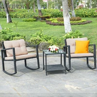 3 Pcs Cushioned PE Patio Rattan Rocking Chair Tempered Glass Top Table Set Heavy-duty Steel Frame Back Yard Garden Furniture Set