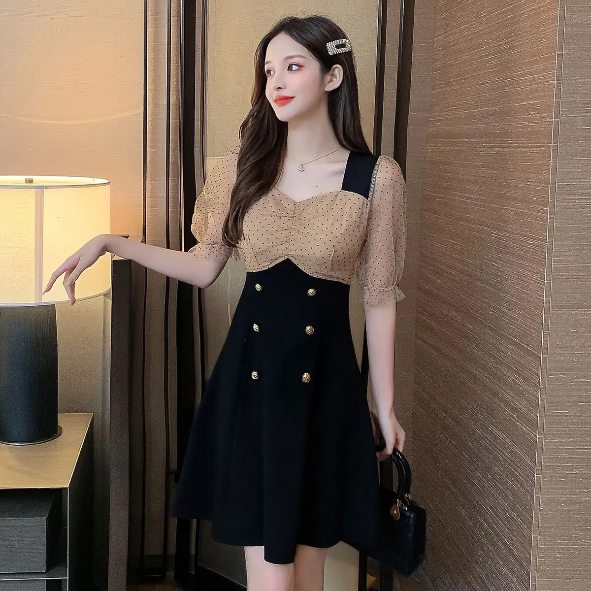 

COIGARSAM Women One Piece Korea Dress Summer New Patchwork Mesh Square Collar Black Dresses Dropshipping