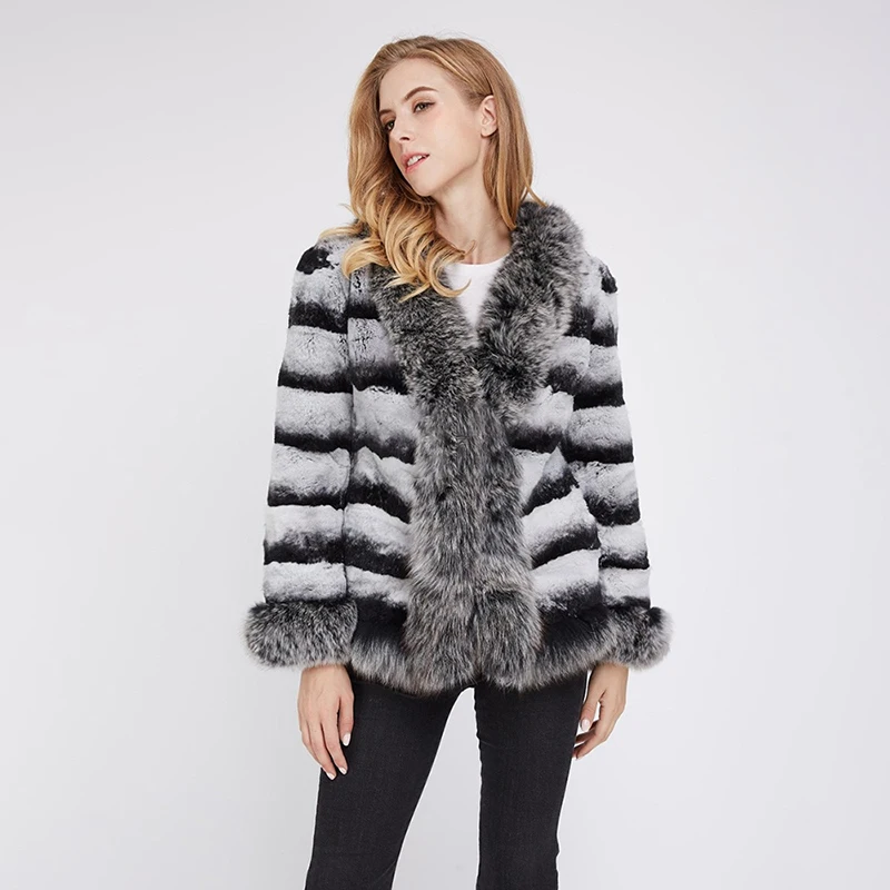 Fox Fur The Cuff Collar Real Rex Rabbit Jacket Women Winter Fashion Contrast Color Warm Tops Genuine Luxury Fur Jacket Female enlarge